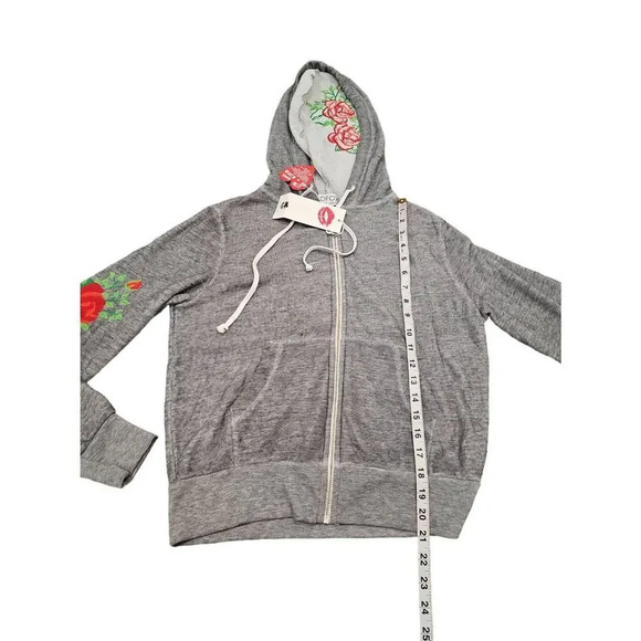 NEW Wildfox Gray Red Rose Embroidered Full Zip Jacket S - Picture 9 of 9